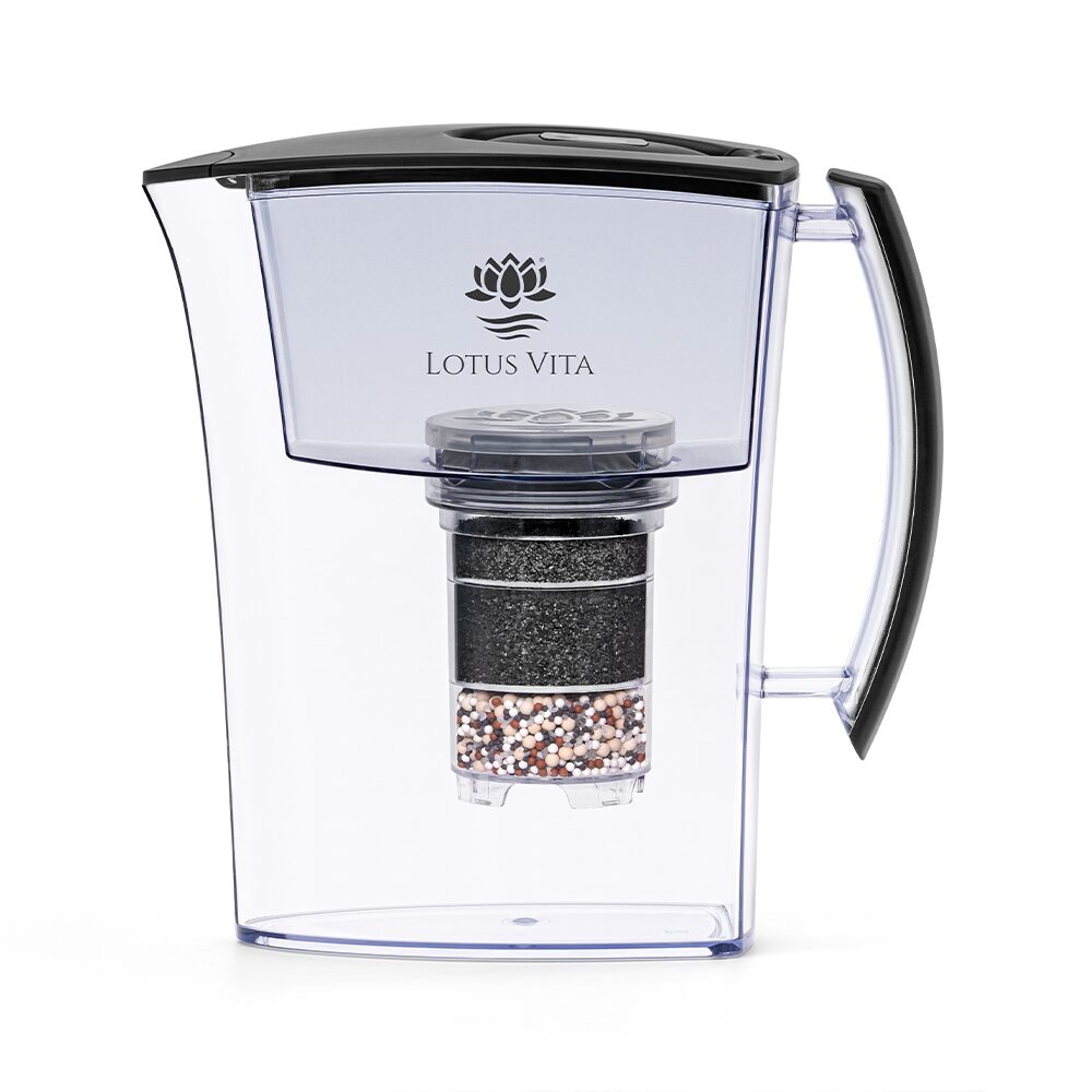 Eine moderne Wasserfilterkanne von Lotus Vita in mattem Graphit. Die transparente Kanne zeigt die mehrstufige Filterkartusche, die für reines Wasser sorgt.
